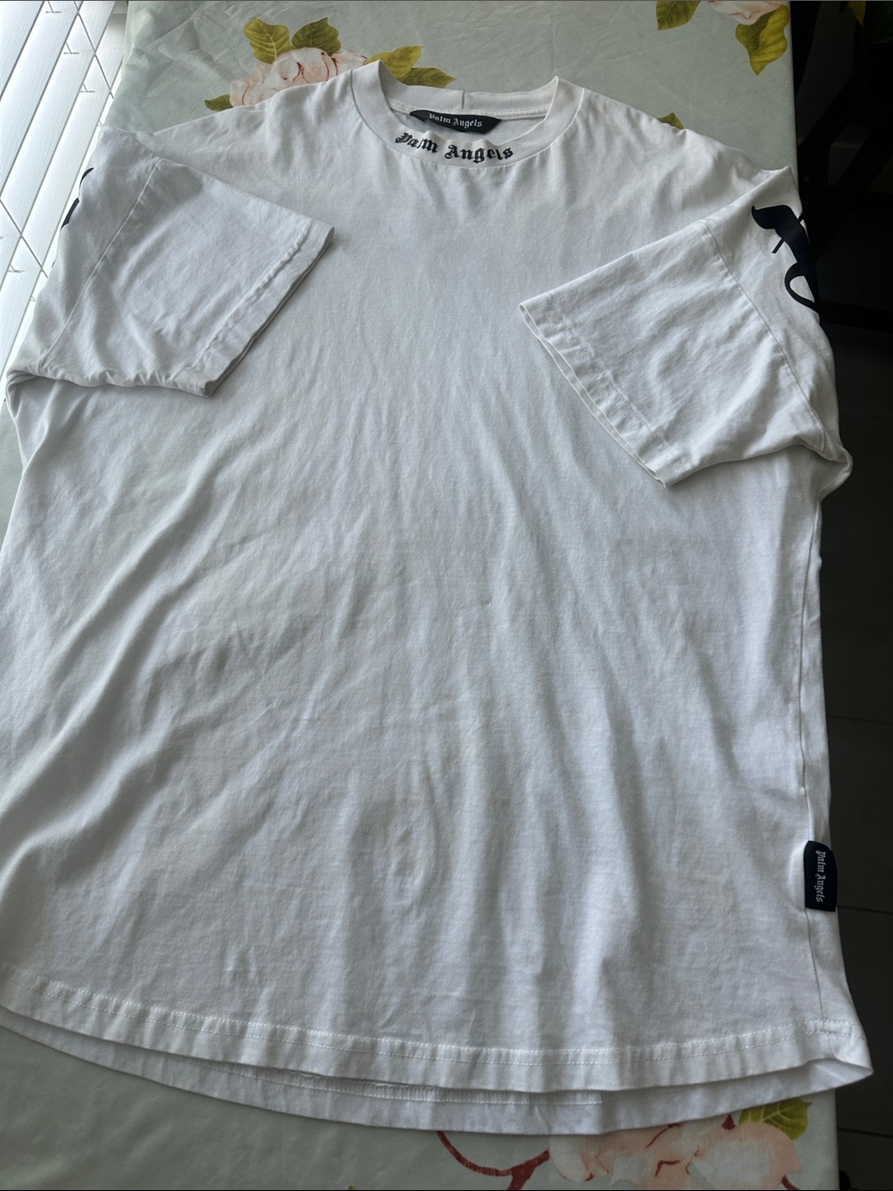 Palm Angels White Short-Sleeve Logo Tee with Black Sleeve Print